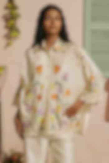 Ivory Chanderi Floral Thread Work Shirt by Chandrima at Pernia's Pop Up Shop
