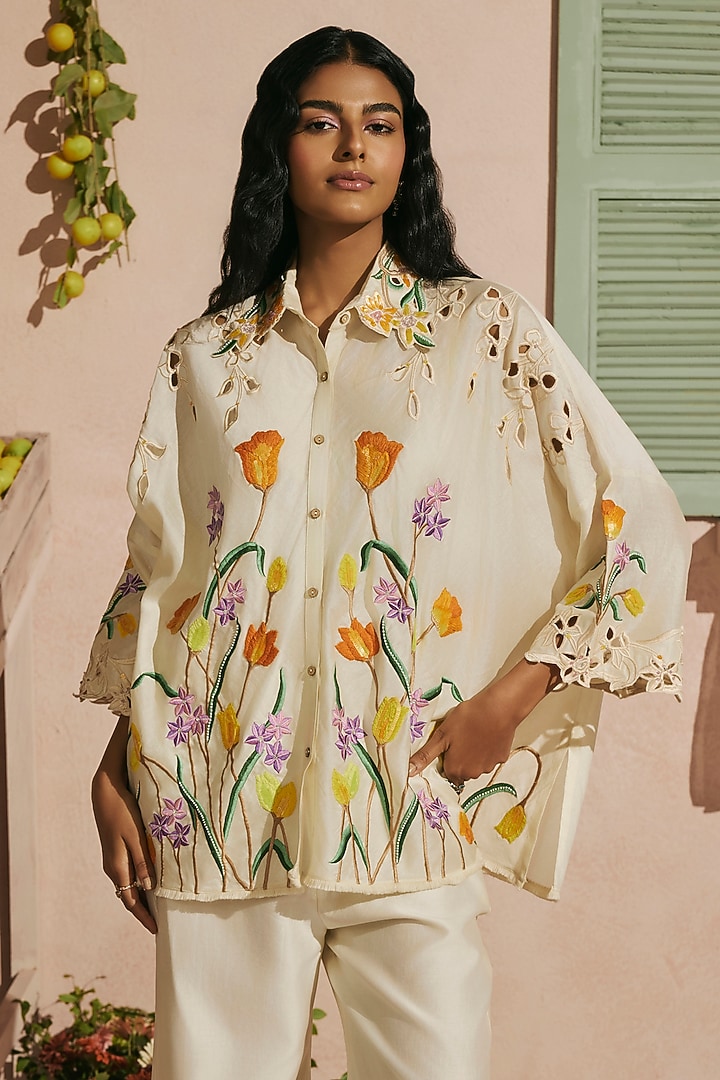 Ivory Chanderi Floral Thread Work Shirt by Chandrima at Pernia's Pop Up Shop