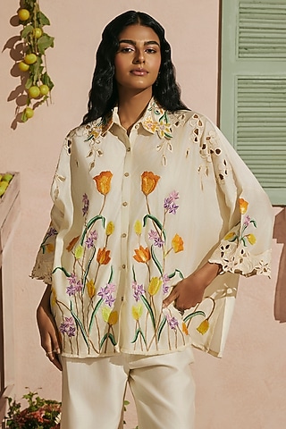 Ivory Chanderi Floral Thread Work Shirt by Chandrima