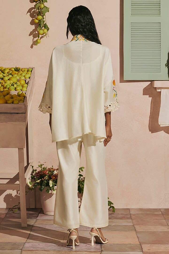 Ivory Chanderi Floral Thread Work Shirt by Chandrima at Pernia's Pop Up Shop
