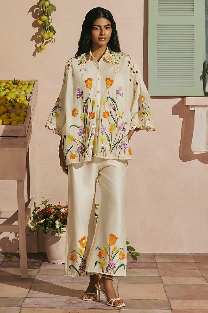 Ivory Chanderi Floral Thread Work Shirt by Chandrima at Pernia's Pop Up Shop