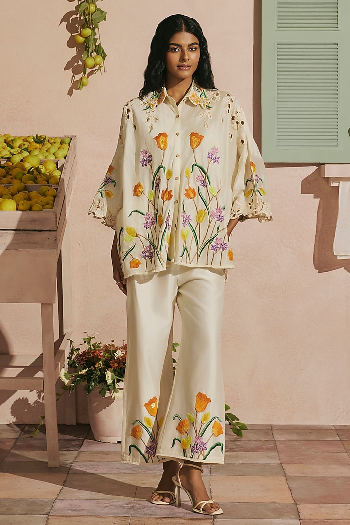 Ivory Chanderi Floral Thread Work Straight Pants by Chandrima at Pernia's Pop Up Shop