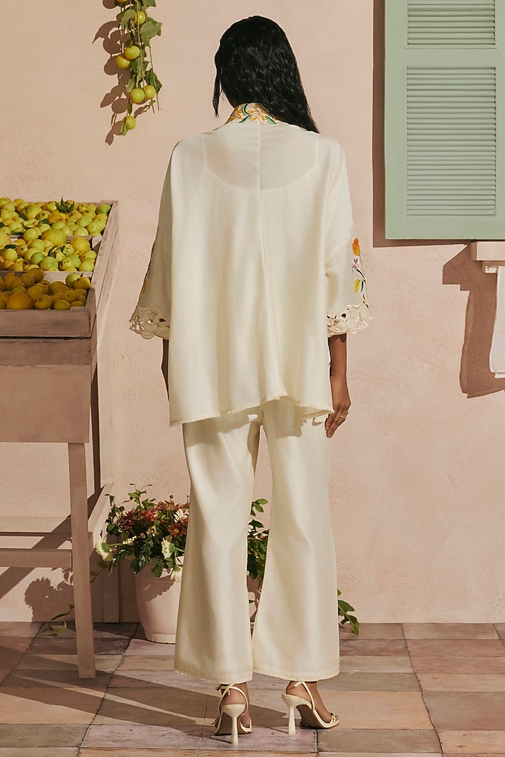 Ivory Chanderi Floral Thread Work Straight Pants by Chandrima at Pernia's Pop Up Shop