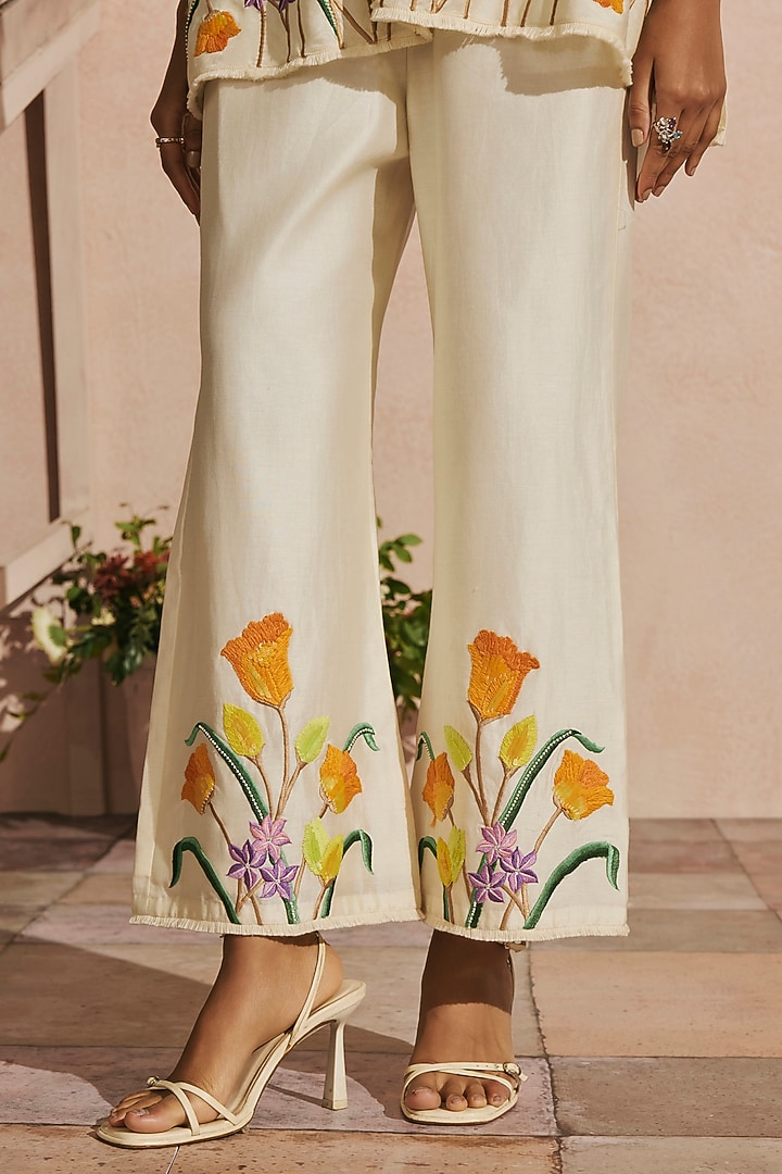 Ivory Chanderi Floral Thread Work Straight Pants by Chandrima at Pernia's Pop Up Shop