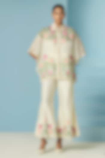 Ivory Silk Organza Applique Work Kaftan by Chandrima at Pernia's Pop Up Shop