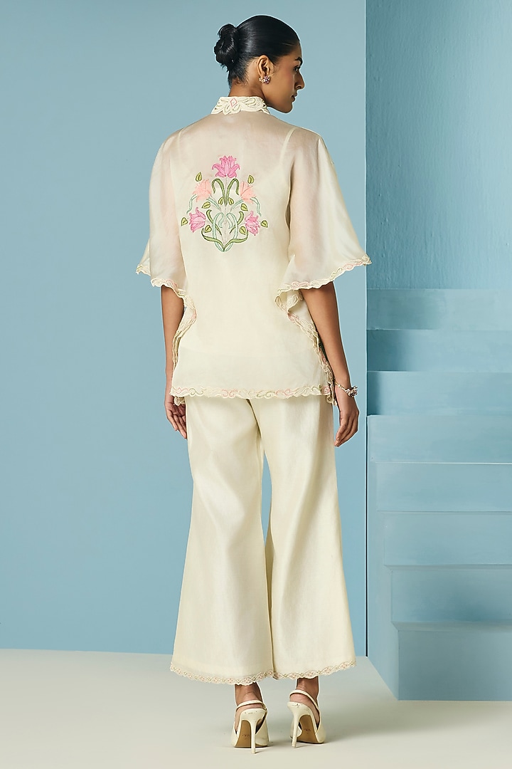 Ivory Silk Organza Applique Work Kaftan by Chandrima at Pernia's Pop Up Shop