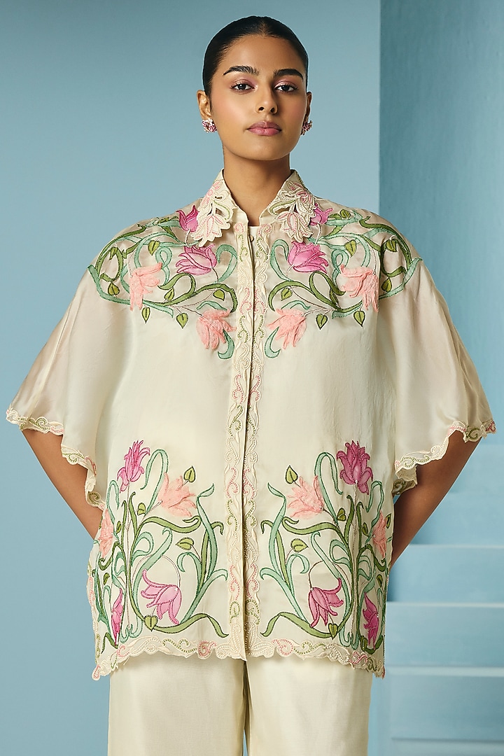 Ivory Silk Organza Applique Work Kaftan by Chandrima at Pernia's Pop Up Shop