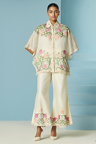Ivory Chanderi Applique & Beadwork Bell Bottom Pants by Chandrima