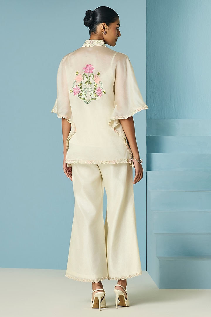 Ivory Chanderi Applique & Beadwork Bell Bottom Pants by Chandrima at Pernia's Pop Up Shop