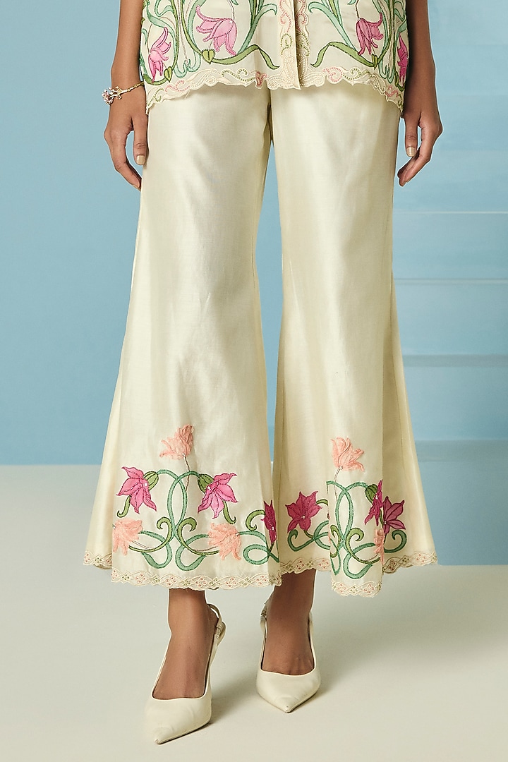 Ivory Chanderi Applique & Beadwork Bell Bottom Pants by Chandrima at Pernia's Pop Up Shop