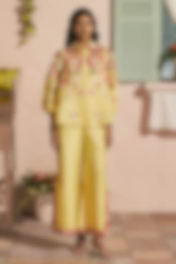 Butter Yellow Chanderi Applique Work Shirt by Chandrima at Pernia's Pop Up Shop