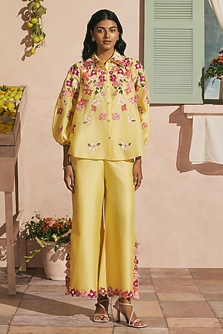 Butter Yellow Chanderi Applique Work Shirt by Chandrima