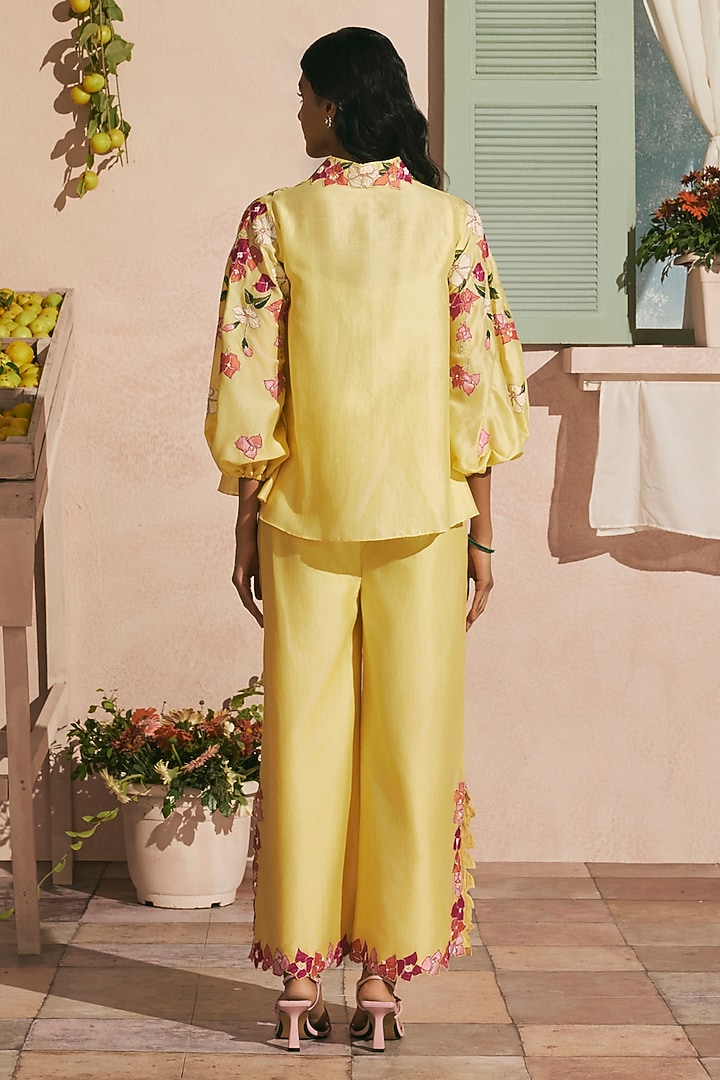 Butter Yellow Chanderi Applique Work Shirt by Chandrima at Pernia's Pop Up Shop