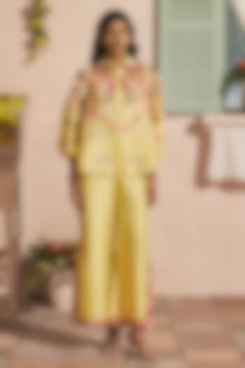 Butter Yellow Chanderi Applique Work Flared Pants by Chandrima at Pernia's Pop Up Shop