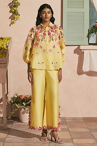 Butter Yellow Chanderi Applique Work Flared Pants by Chandrima
