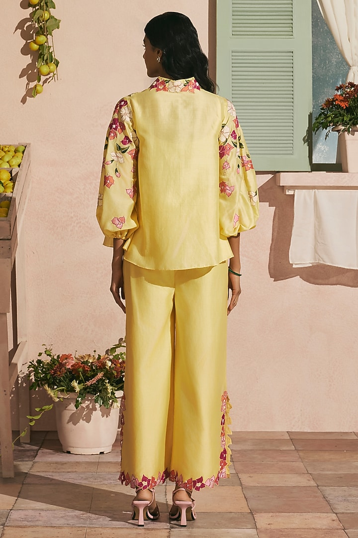Butter Yellow Chanderi Applique Work Flared Pants by Chandrima at Pernia's Pop Up Shop