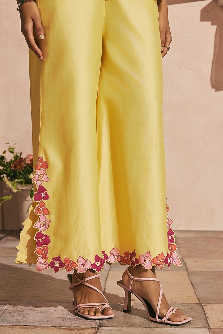Butter Yellow Chanderi Applique Work Flared Pants by Chandrima at Pernia's Pop Up Shop