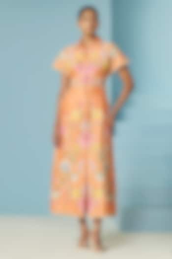 Orange Chanderi Applique & Threadwork Shirt Cocktail Dress by Chandrima at Pernia's Pop Up Shop