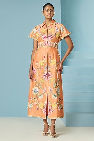 Orange Chanderi Applique & Threadwork Shirt Dress by Chandrima