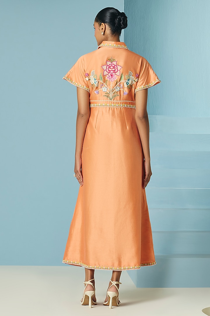 Orange Chanderi Applique & Threadwork Shirt Cocktail Dress by Chandrima at Pernia's Pop Up Shop