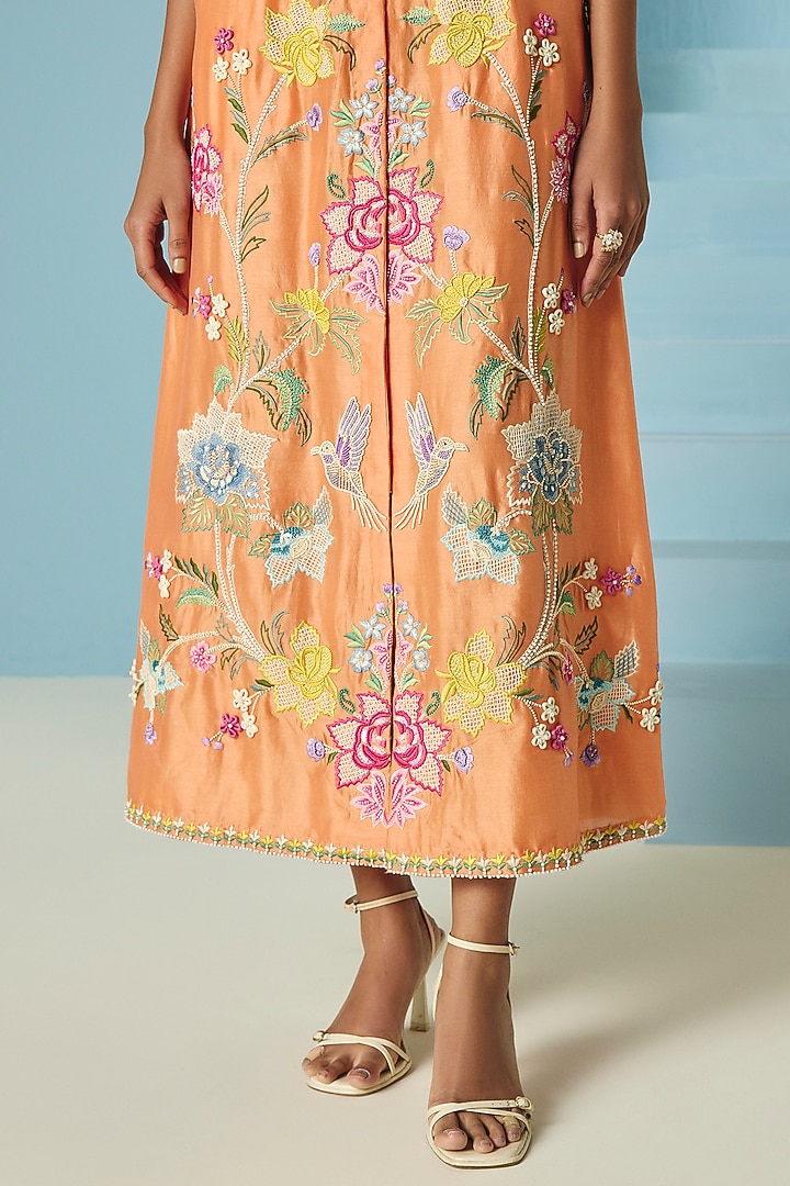 Orange Chanderi Applique & Threadwork Shirt Cocktail Dress by Chandrima at Pernia's Pop Up Shop