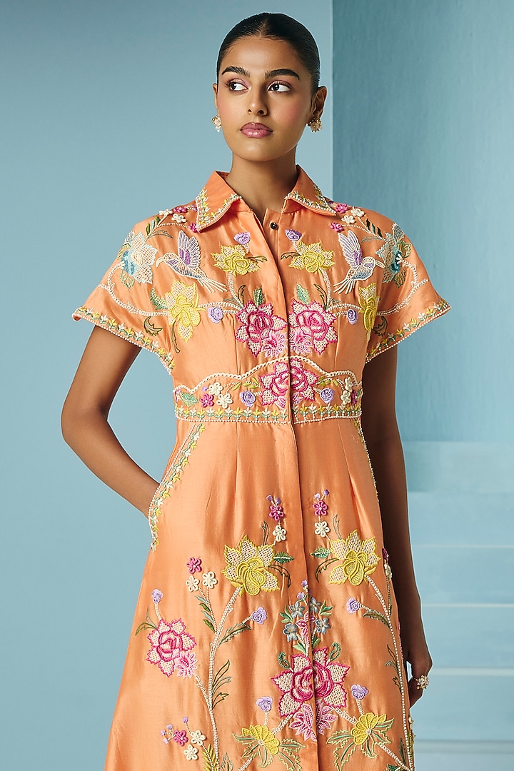 Orange Chanderi Applique & Threadwork Shirt Cocktail Dress by Chandrima at Pernia's Pop Up Shop