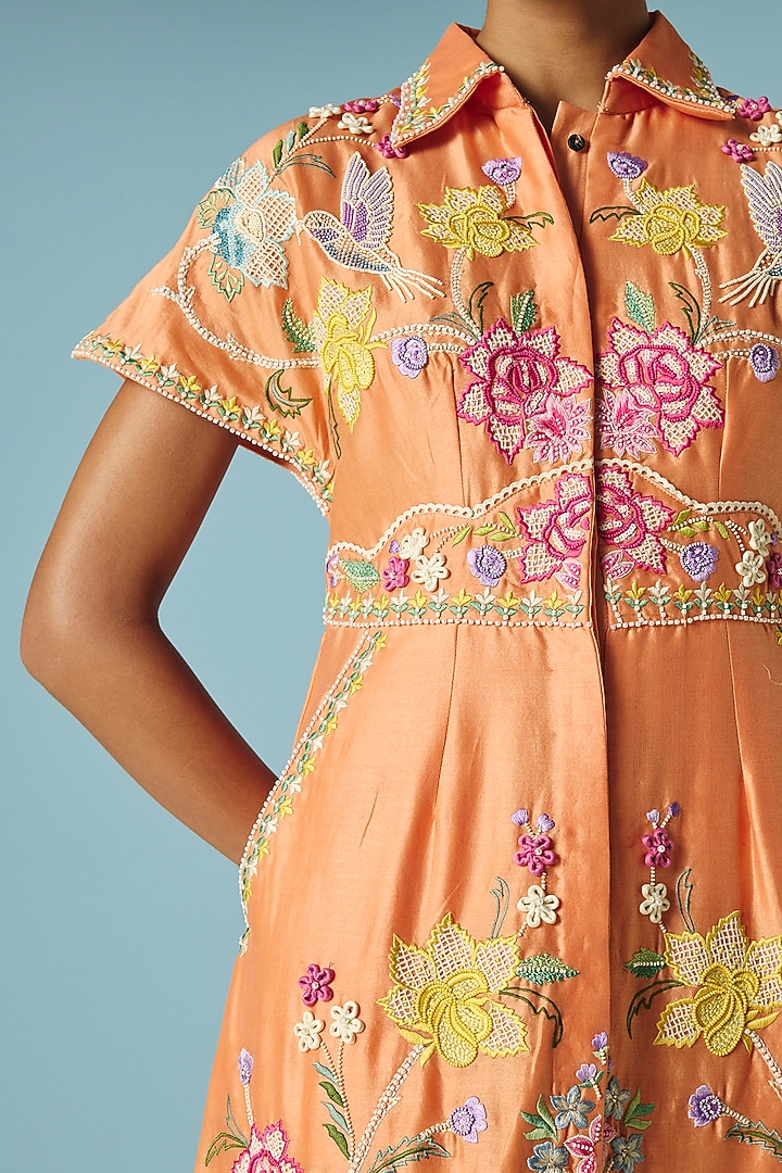 Orange Chanderi Applique & Threadwork Shirt Cocktail Dress by Chandrima at Pernia's Pop Up Shop