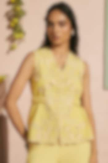 Butter Yellow Cotton Twill Cutwork Waistcoat by Chandrima at Pernia's Pop Up Shop