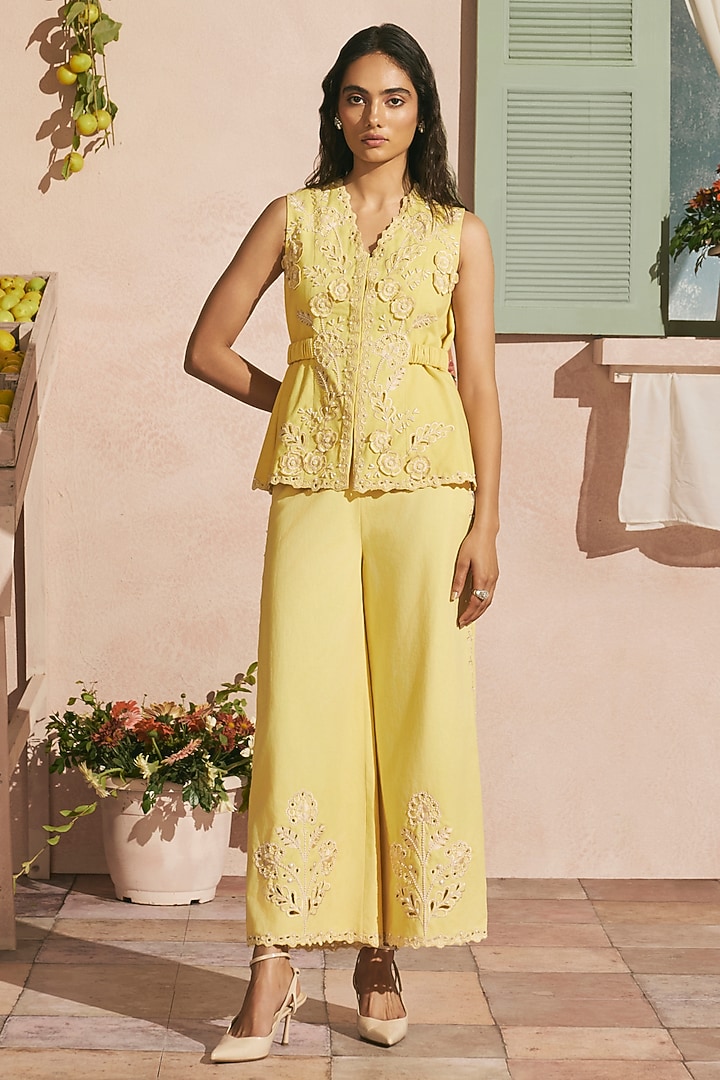 Butter Yellow Cotton Twill Cutwork Waistcoat by Chandrima at Pernia's Pop Up Shop