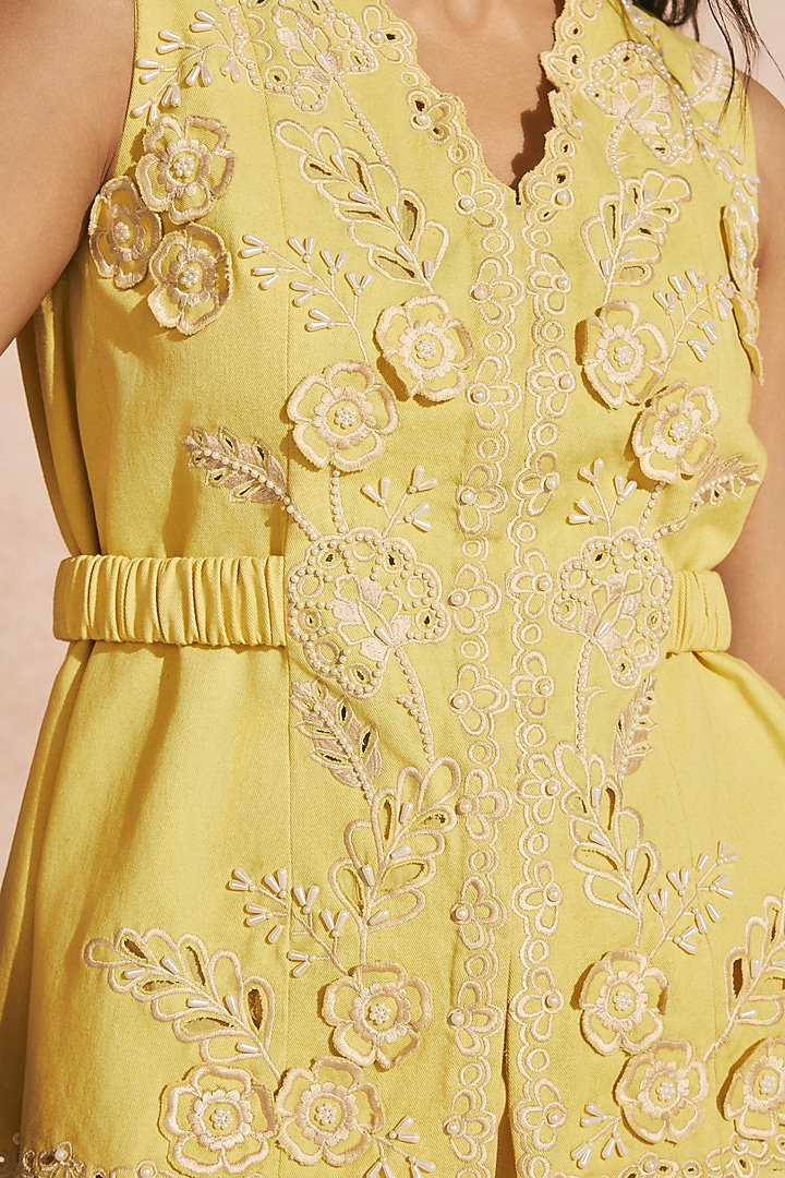 Butter Yellow Cotton Twill Cutwork Waistcoat by Chandrima at Pernia's Pop Up Shop