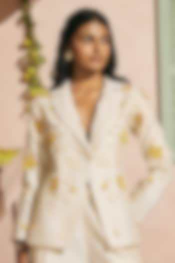 Ivory Chanderi Cutwork Blazer by Chandrima at Pernia's Pop Up Shop