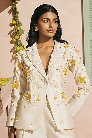 Ivory Chanderi Cutwork Blazer by Chandrima