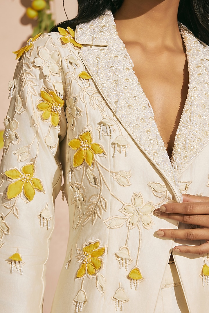 Ivory Chanderi Cutwork Blazer by Chandrima at Pernia's Pop Up Shop