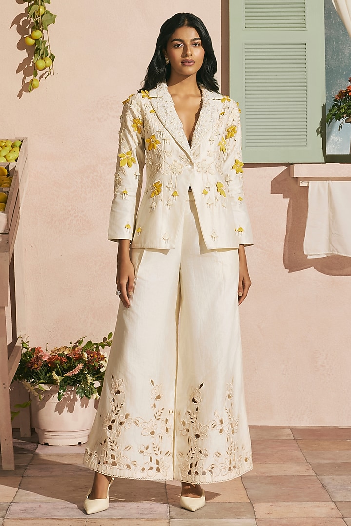 Ivory Chanderi Cutwork Blazer by Chandrima at Pernia's Pop Up Shop