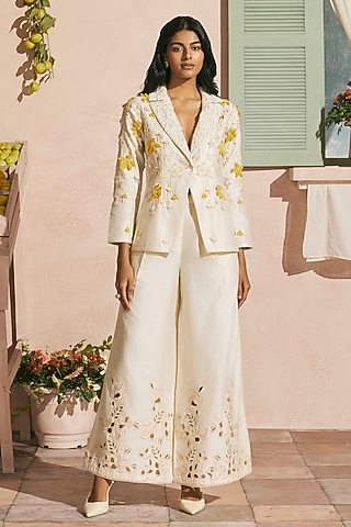 Ivory Chanderi Cutwork Flared Pants by Chandrima
