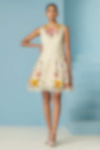 Ivory Chanderi Floral Beaded & Cutwork Mini Party Wear Dress by Chandrima at Pernia's Pop Up Shop