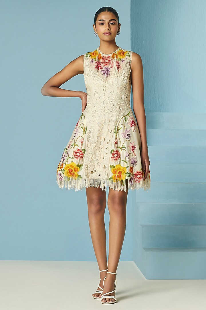 Ivory Chanderi Floral Beaded & Cutwork Mini Party Wear Dress by Chandrima at Pernia's Pop Up Shop