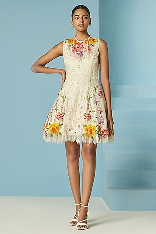 Ivory Chanderi Floral Beaded & Cutwork Mini Dress by Chandrima