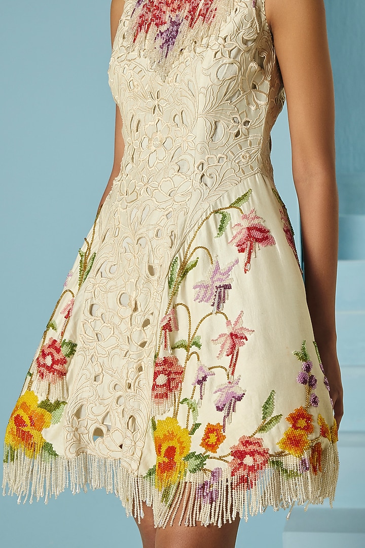 Ivory Chanderi Floral Beaded & Cutwork Mini Party Wear Dress by Chandrima at Pernia's Pop Up Shop