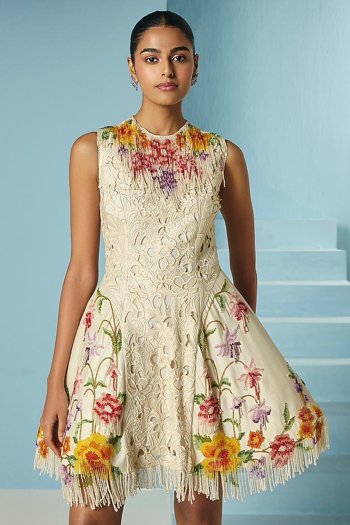 Ivory Chanderi Floral Beaded & Cutwork Mini Party Wear Dress by Chandrima at Pernia's Pop Up Shop