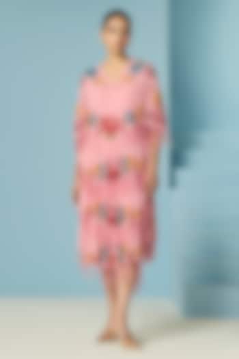 Pink Silk Georgette Floral Beadwork Tiered Party Wear Dress by Chandrima at Pernia's Pop Up Shop