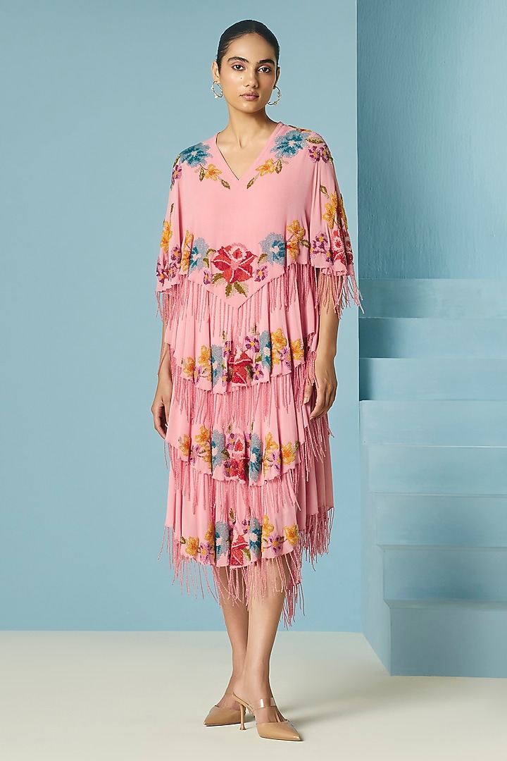 Pink Silk Georgette Floral Beadwork Tiered Party Wear Dress by Chandrima at Pernia's Pop Up Shop