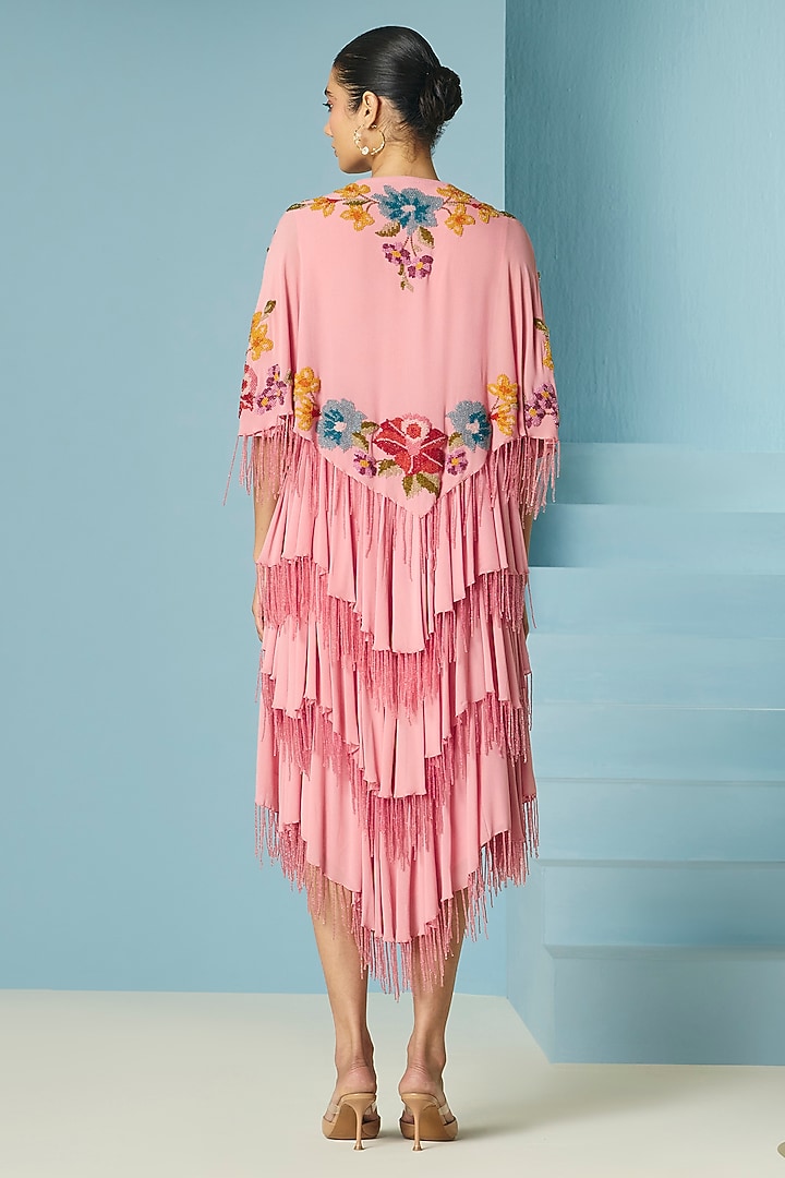 Pink Silk Georgette Floral Beadwork Tiered Party Wear Dress by Chandrima at Pernia's Pop Up Shop