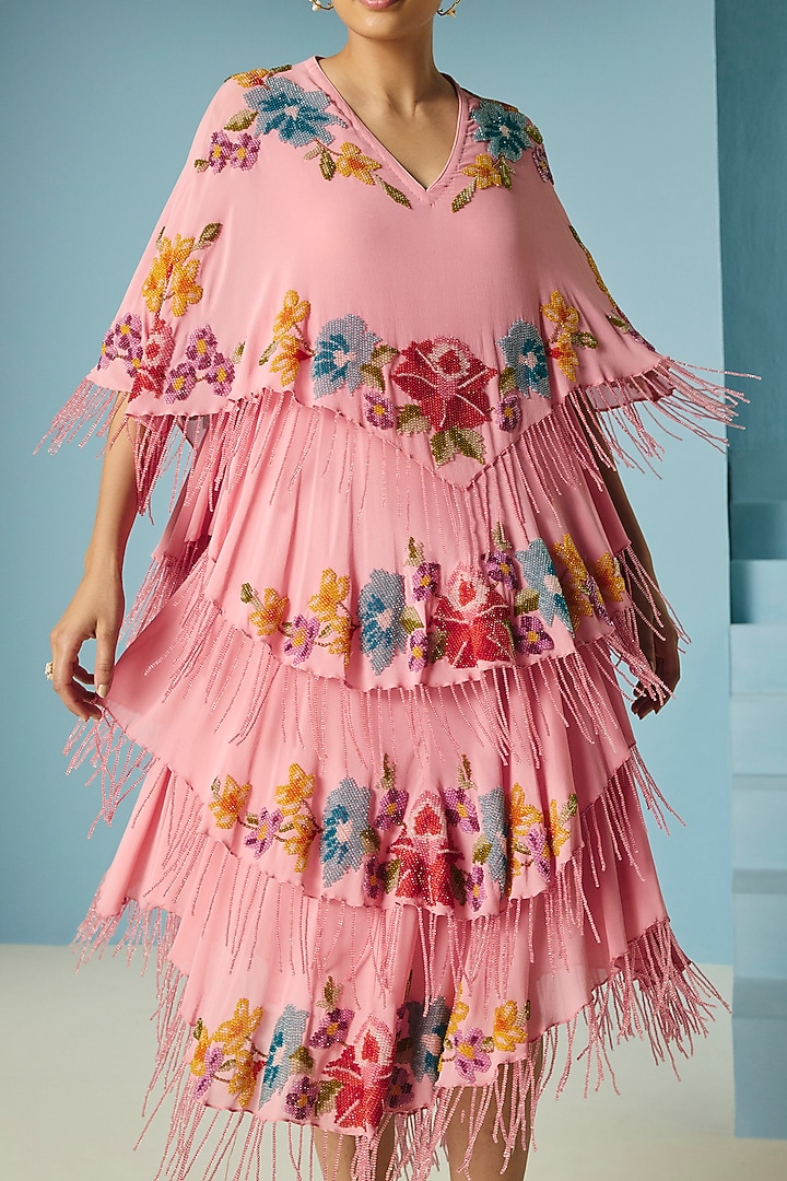 Pink Silk Georgette Floral Beadwork Tiered Party Wear Dress by Chandrima at Pernia's Pop Up Shop