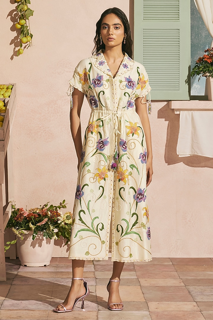 Ivory Chanderi Applique Shirt Cocktail Dress by Chandrima at Pernia's Pop Up Shop
