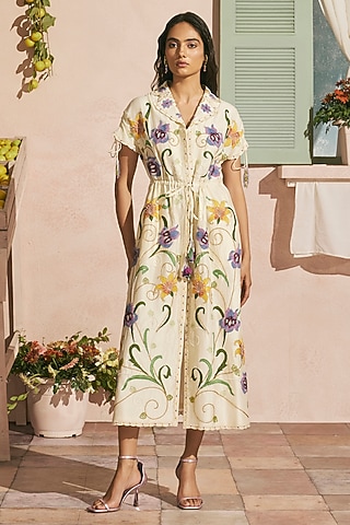 Ivory Chanderi Applique Shirt Dress by Chandrima