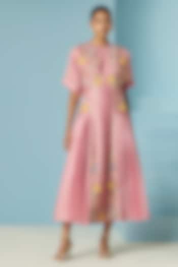 Blush Pink Chanderi Floral Thread Work Pleated Midi Cocktail Dress by Chandrima at Pernia's Pop Up Shop