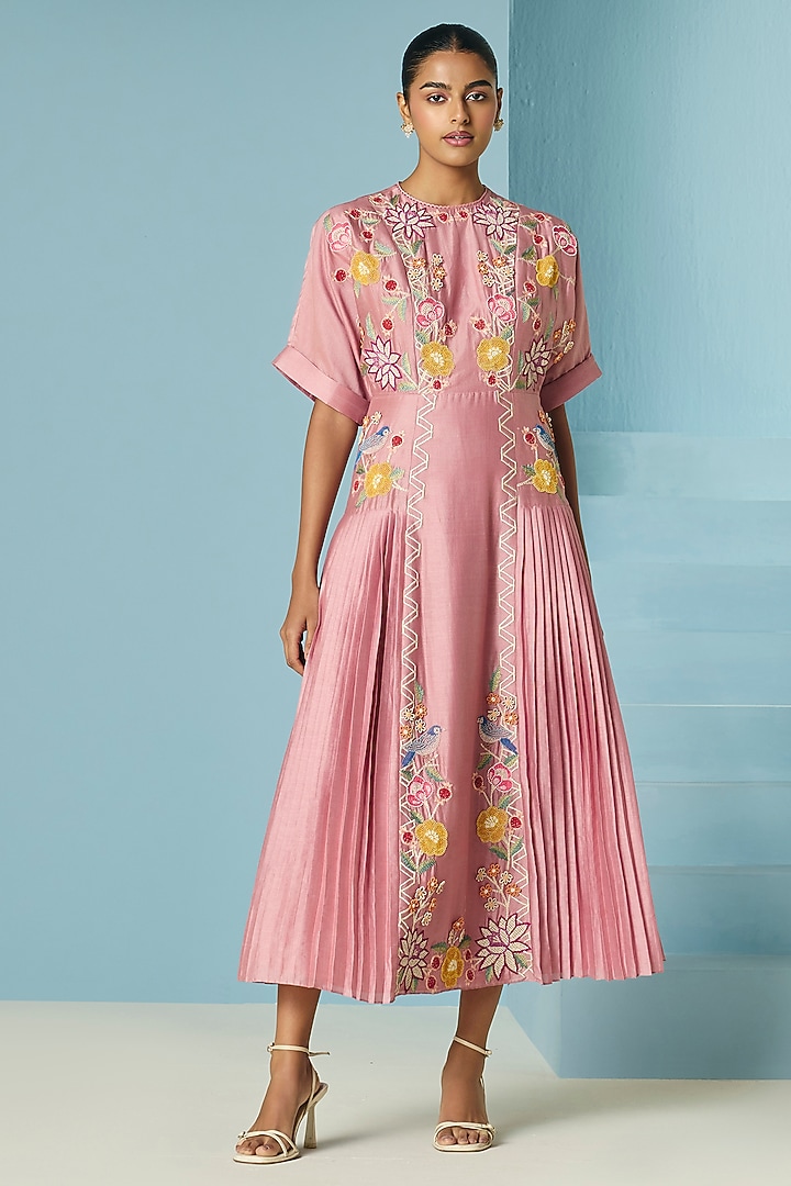 Blush Pink Chanderi Floral Thread Work Pleated Midi Cocktail Dress by Chandrima at Pernia's Pop Up Shop