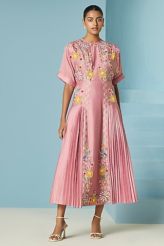 Blush Pink Chanderi Floral Thread Work Pleated Midi Dress by Chandrima