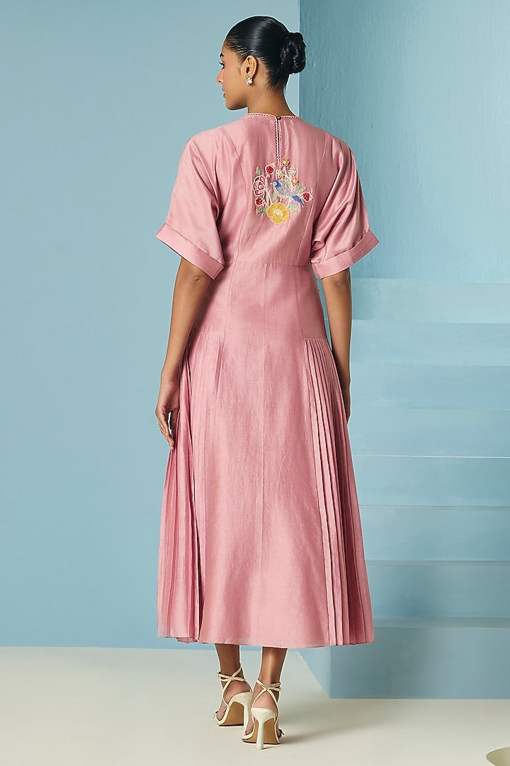 Blush Pink Chanderi Floral Thread Work Pleated Midi Cocktail Dress by Chandrima at Pernia's Pop Up Shop